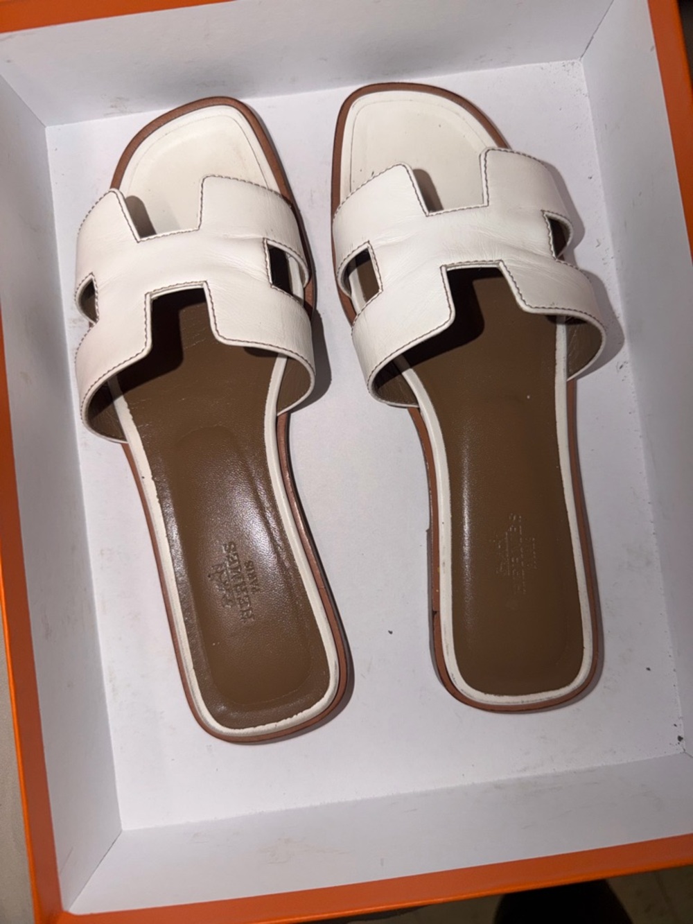 Hermes White Leather Oran Slide Sandals